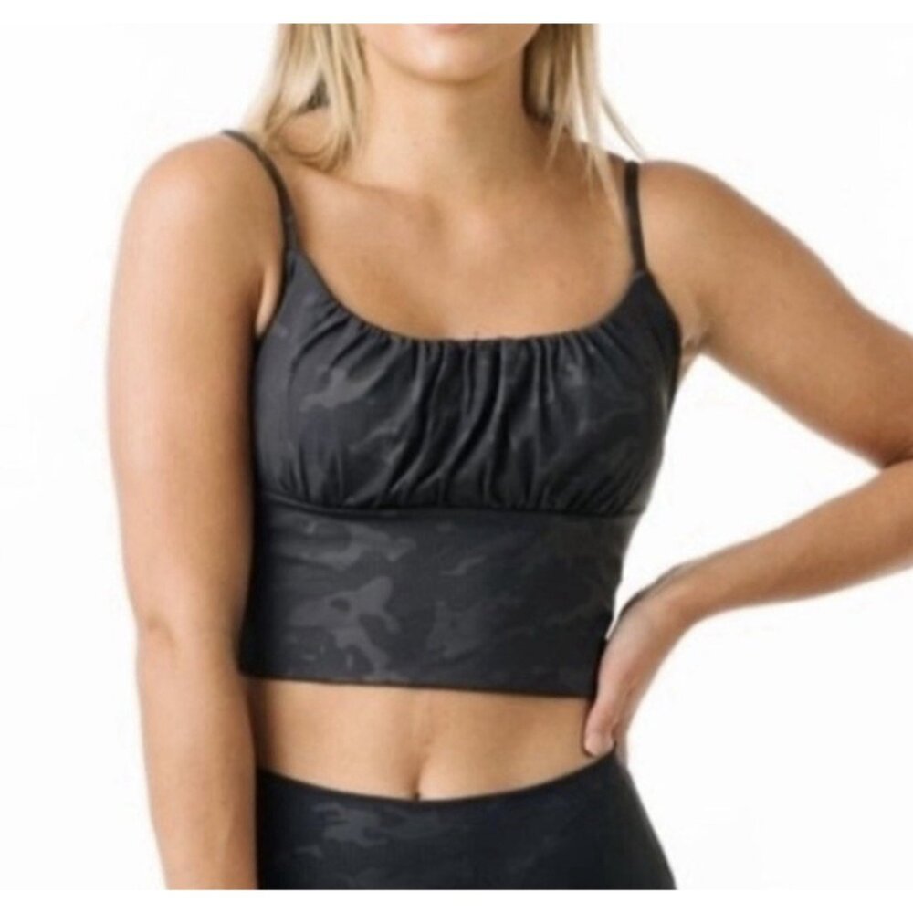 Zyia Active Black Battleship Camo Ruched Athletic Sports Bra Womens sz M